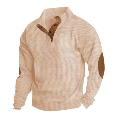 RODYETQQ Mens Crewneck Sweatshirts Warm Long Sleeve Outfits Baggy Sweaters Men's Sweater Elbow Patches Mens Corduroy Casual Stand Collar Sweatshirt Stand Up Collar Sweatshirt Men(4-White,Medium)