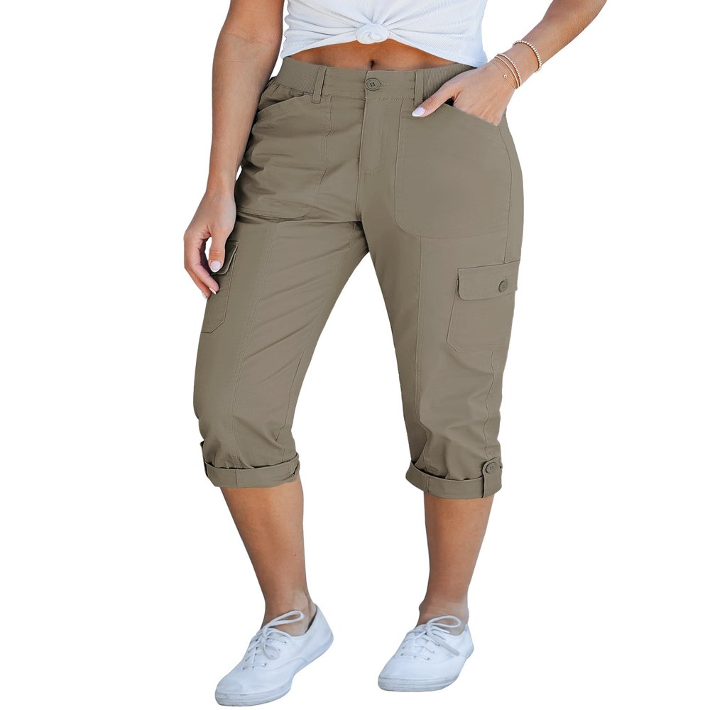 GRAPENT 2025 Summer Pull On Cotton Capri Pants for Women High Waisted Relaxed Fit Elastic Knit Waist Casual Capris Trousers Cropped Pants Dusty Olive Color X-Large Size 16 to 18