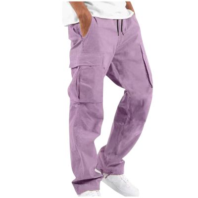 Muscularfit Cargo Pants for Men Big and Tall Elastic Waist Cotton Sweatpants Causal Solid Multi Pockets Joggers Athletic Pant Early Joggers for Men 2024 Purple L