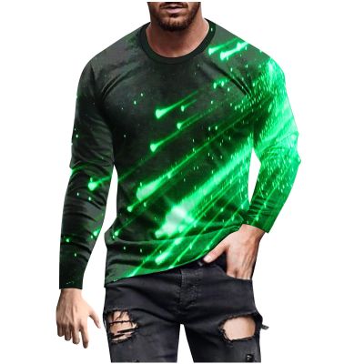 Shooting Star Print Shirts for Men Long Sleeve Crewneck Patchwork T-Shirts Sports Athletic Tees Workout Tops Green