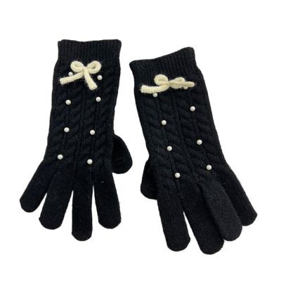 Female Winter Gloves Warm Lined Touch Screen Driving Gloves Knit Pearl Bow Split Finger Gloves Student Riding Gloves(black)