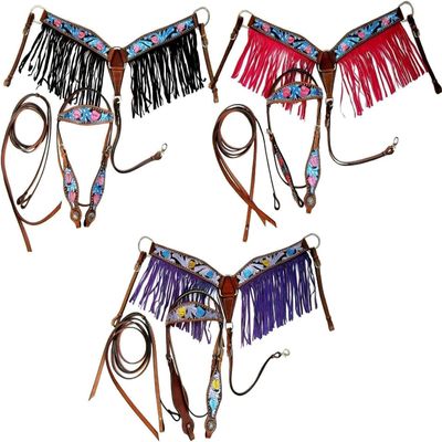 EQUIEMPRESS Horse Western One Ear Leather Hand Tooled Headstall and Breast Collar Set with Reins. /Size-Full,Cob A-018 (Pink, Cob)