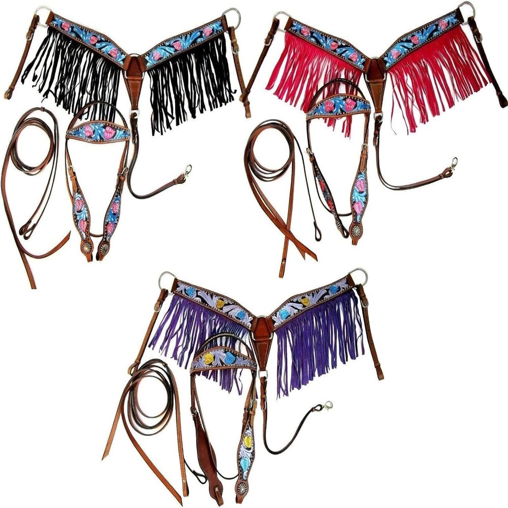 EQUIEMPRESS Horse Western One Ear Leather Hand Tooled Headstall and Breast Collar Set with Reins. /Size-Full,Cob A-018 (Pink, Cob)