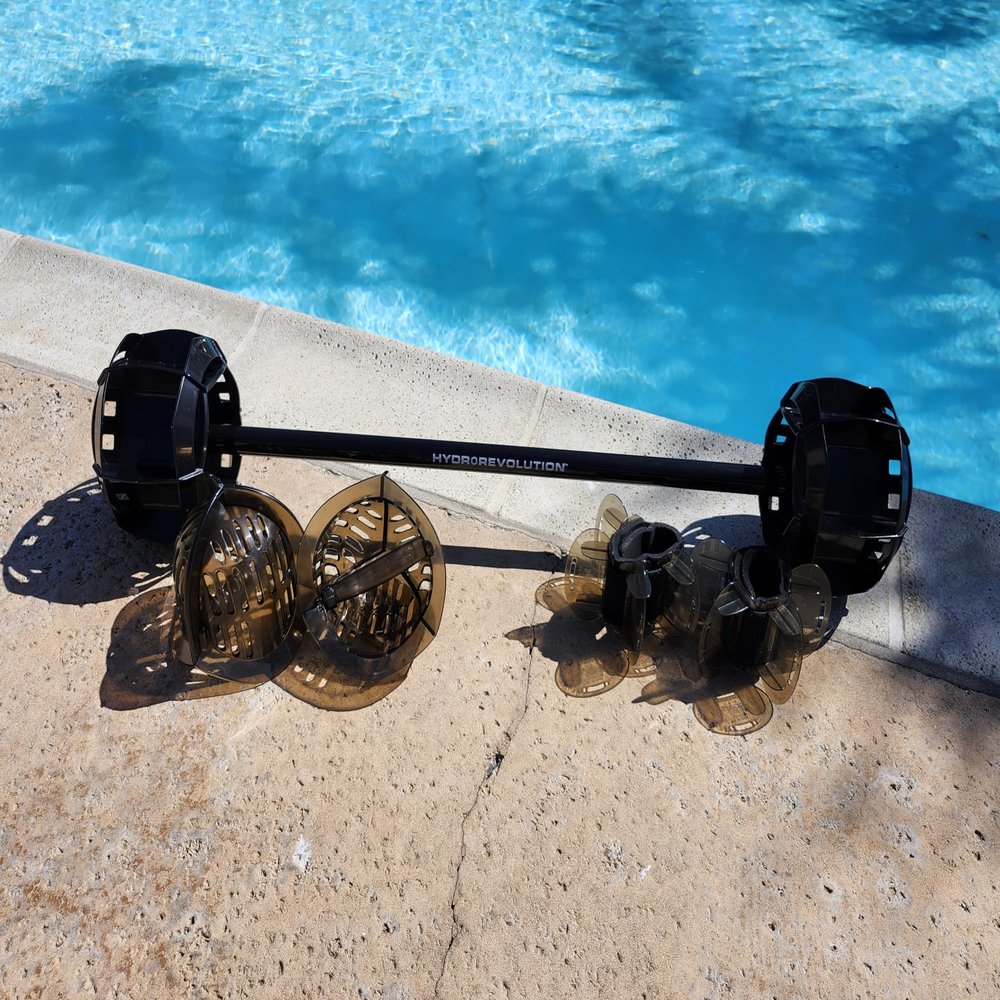 AquaLogix Hydrorevolution Ultimate Pool Exercise Bundle | Medium Resistance Water Weights | Water Exercise Equipment Smoke Bells, Fins & Aquastrength Barbell (Smoke with Black Barbell)