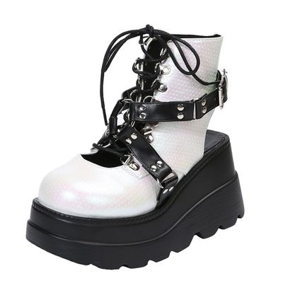 Platform Boots for Women, Lace Up Ankle Studded Buckle Goth Stacked Wedge Combat Boots Cutout Gothic Ankle Boots