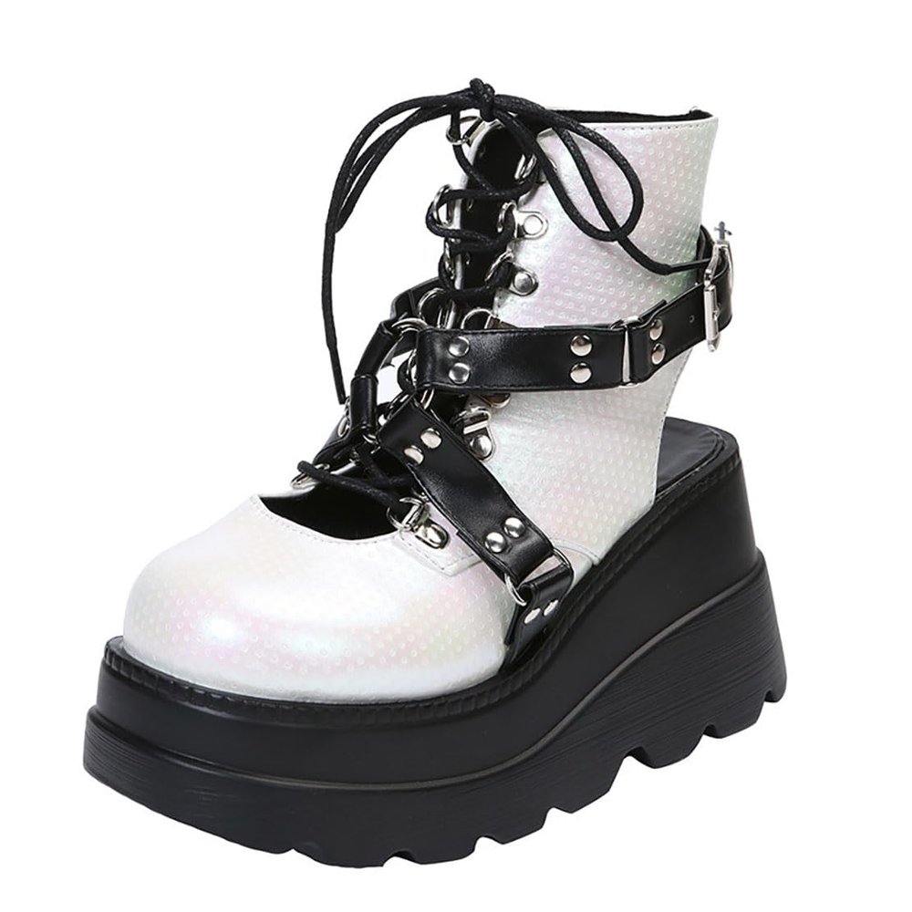 Platform Boots for Women, Lace Up Ankle Studded Buckle Goth Stacked Wedge Combat Boots Cutout Gothic Ankle Boots