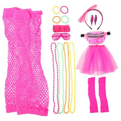 AOKWAWALIY 1 Set 1980s Neon House Party Clothes for Women Prom Costume Women 80s Costumes Neon Color Shutter Style Glasses Vintage Necklace Gloves Party Costume Accessories Plastic