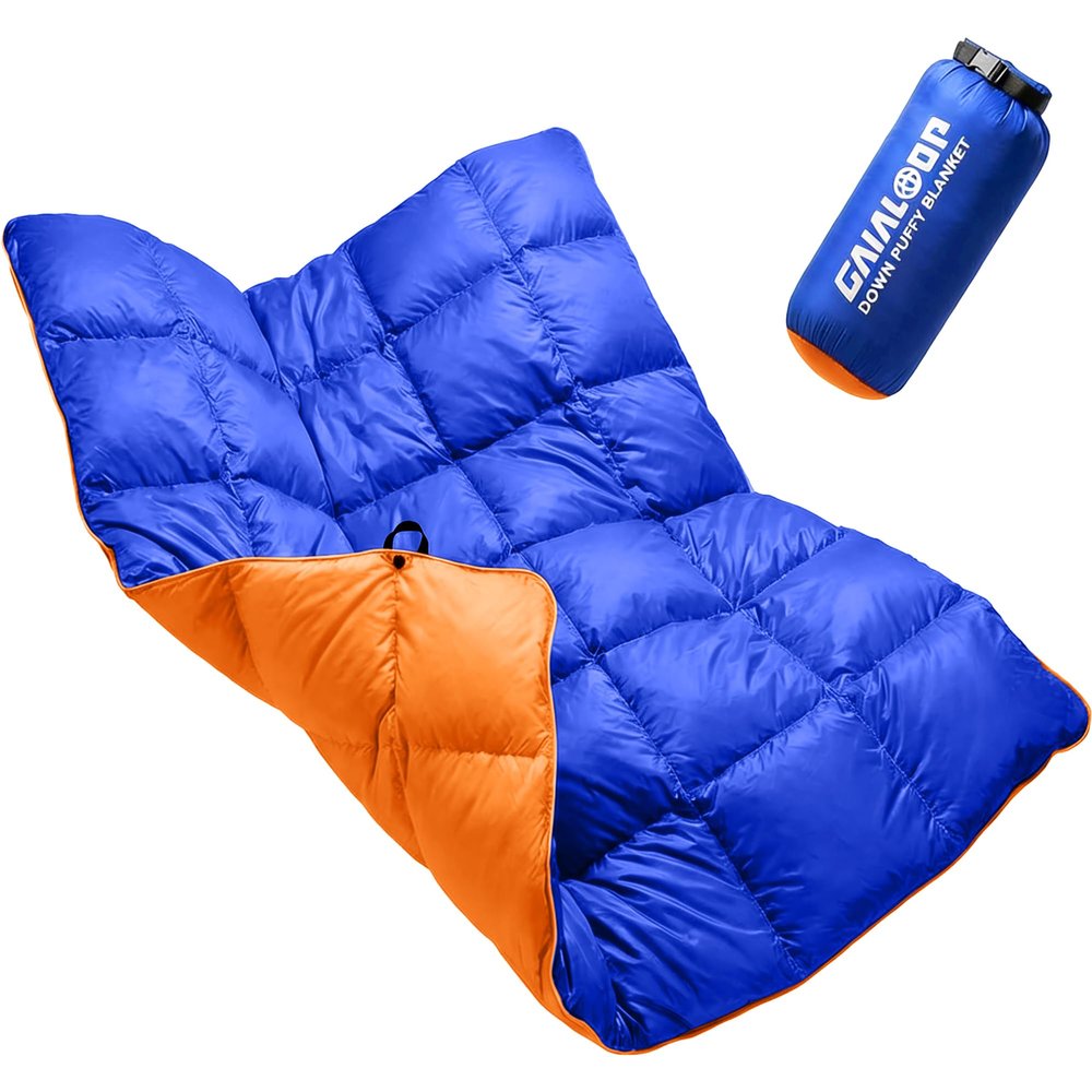 Gaialoop Down Puffy Blanket for Car Camping Outdoor Travel Backpacking, Duck Down Lightweight Portable Soft Warm Cozy Camping Blanket Quilt, 53"x78", Lake Blue