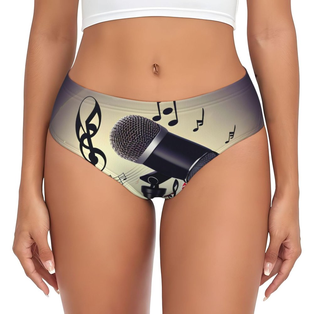 NOUZU Microphone With Music Note Print Women'S Underwear Soft Underpants High Waist Breathable Briefs Ladies Stretch Panties Black