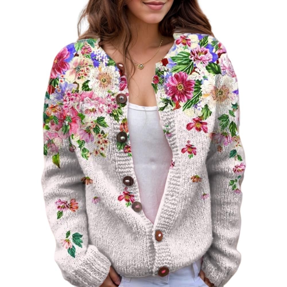 Akivide Women's Fall Cute Floral Print Open Front Knit Cardigan Sweater Winter Casual Loose Button Down Long Sleeve Coat