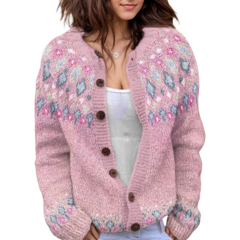 Akivide Women's Fall Cute Floral Print Open Front Knit Cardigan Sweater Winter Casual Loose Button Down Long Sleeve Coat