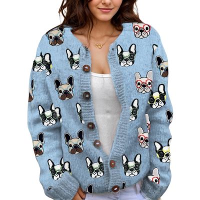 Akivide Women's Fall Cute Floral Print Open Front Knit Cardigan Sweater Winter Casual Loose Button Down Long Sleeve Coat