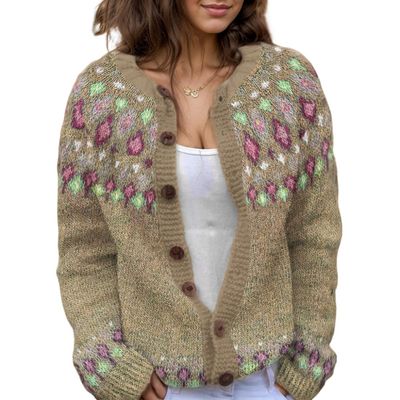 Akivide Women's Fall Cute Floral Print Open Front Knit Cardigan Sweater Winter Casual Loose Button Down Long Sleeve Coat