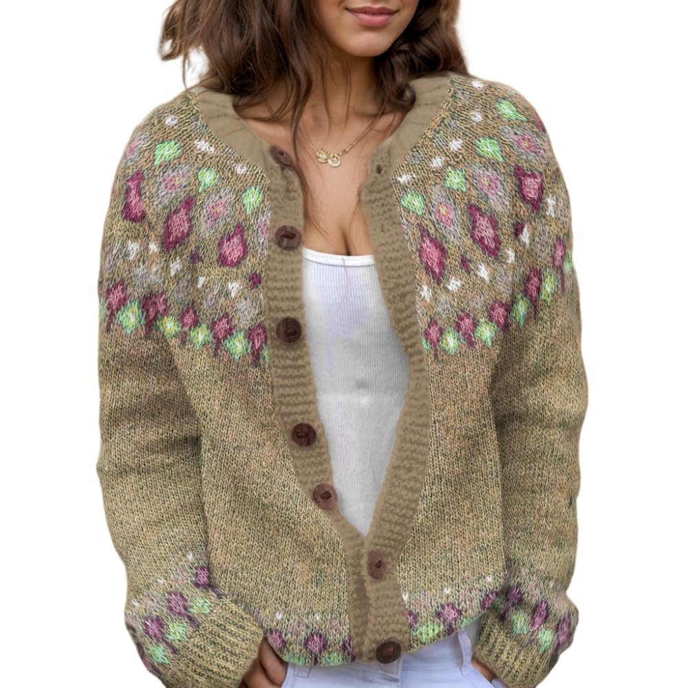 Akivide Women's Fall Cute Floral Print Open Front Knit Cardigan Sweater Winter Casual Loose Button Down Long Sleeve Coat