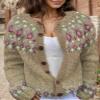 Akivide Women's Fall Cute Floral Print Open Front Knit Cardigan Sweater Winter Casual Loose Button Down Long Sleeve Coat view 2