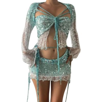 YMADREIG Womens Mermaid Top Sparkle Sequin Short Skirt Set Sexy 3 Piece Party Outfits Y2k Crochet Knitted Mesh Crop Tops