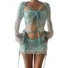 YMADREIG Womens Mermaid Top Sparkle Sequin Short Skirt Set Sexy 3 Piece Party Outfits Y2k Crochet Knitted Mesh Crop Tops view 1