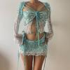 YMADREIG Womens Mermaid Top Sparkle Sequin Short Skirt Set Sexy 3 Piece Party Outfits Y2k Crochet Knitted Mesh Crop Tops view 2