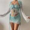 YMADREIG Womens Mermaid Top Sparkle Sequin Short Skirt Set Sexy 3 Piece Party Outfits Y2k Crochet Knitted Mesh Crop Tops view 3