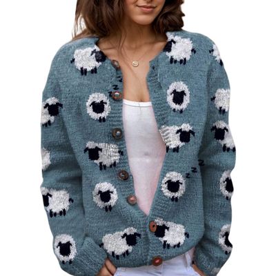 Akivide Women's Fall Cute Floral Print Open Front Knit Cardigan Sweater Winter Casual Loose Button Down Long Sleeve Coat