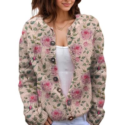 Akivide Women's Fall Cute Floral Print Open Front Knit Cardigan Sweater Winter Casual Loose Button Down Long Sleeve Coat