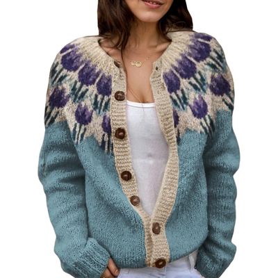 Akivide Women's Fall Cute Floral Print Open Front Knit Cardigan Sweater Winter Casual Loose Button Down Long Sleeve Coat