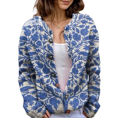Akivide Women's Fall Cute Floral Print Open Front Knit Cardigan Sweater Winter Casual Loose Button Down Long Sleeve Coat