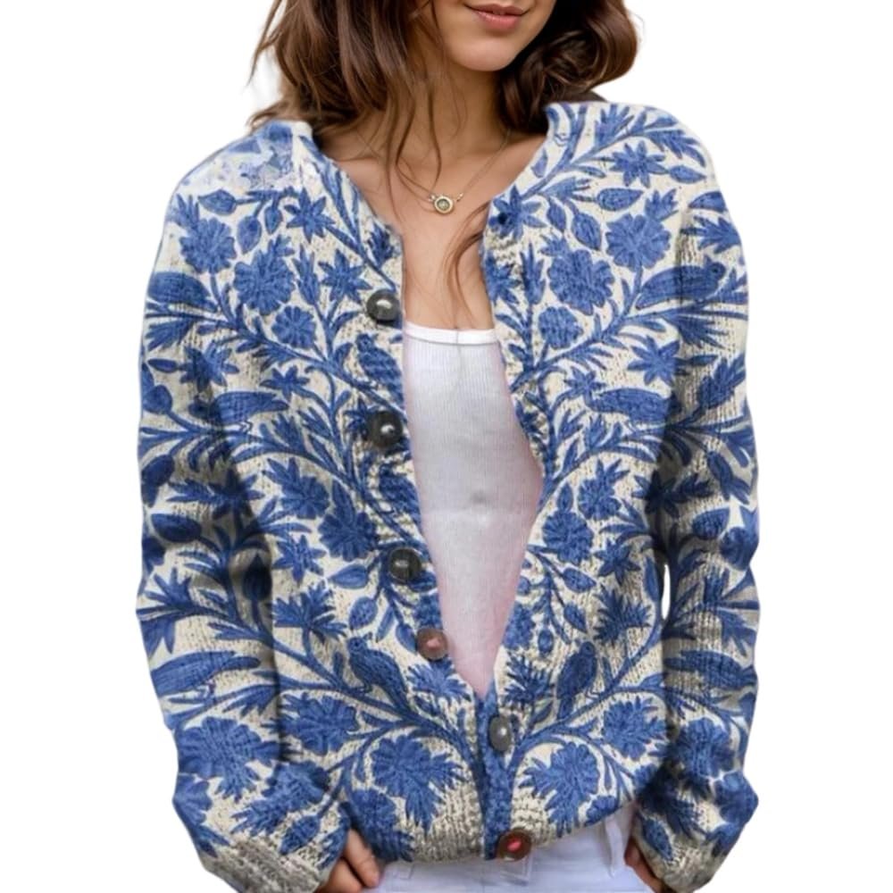 Akivide Women's Fall Cute Floral Print Open Front Knit Cardigan Sweater Winter Casual Loose Button Down Long Sleeve Coat