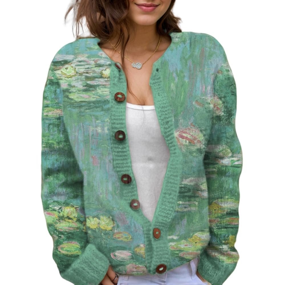 Akivide Women's Fall Cute Floral Print Open Front Knit Cardigan Sweater Winter Casual Loose Button Down Long Sleeve Coat