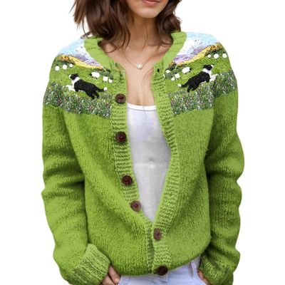 Akivide Women's Fall Cute Floral Print Open Front Knit Cardigan Sweater Winter Casual Loose Button Down Long Sleeve Coat
