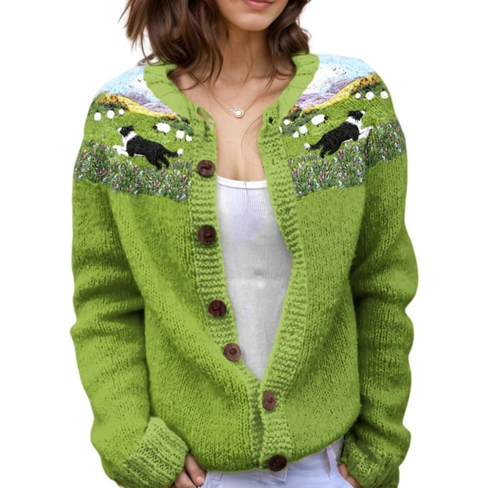 Akivide Women's Fall Cute Floral Print Open Front Knit Cardigan Sweater Winter Casual Loose Button Down Long Sleeve Coat