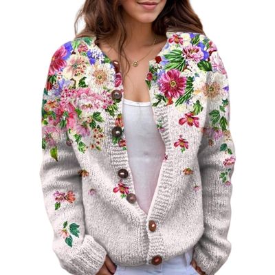 Akivide Women's Fall Cute Floral Print Open Front Knit Cardigan Sweater Winter Casual Loose Button Down Long Sleeve Coat