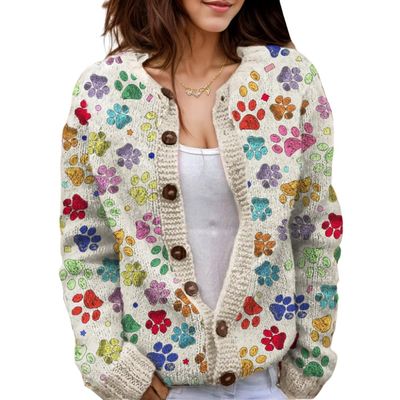 Akivide Women's Fall Cute Floral Print Open Front Knit Cardigan Sweater Winter Casual Loose Button Down Long Sleeve Coat
