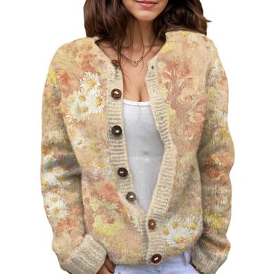 Akivide Women's Fall Cute Floral Print Open Front Knit Cardigan Sweater Winter Casual Loose Button Down Long Sleeve Coat