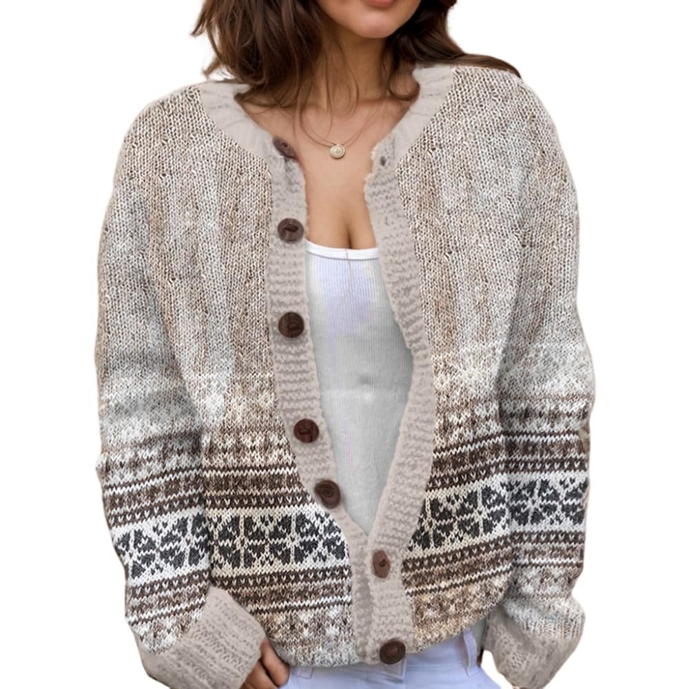 Akivide Women's Fall Cute Floral Print Open Front Knit Cardigan Sweater Winter Casual Loose Button Down Long Sleeve Coat