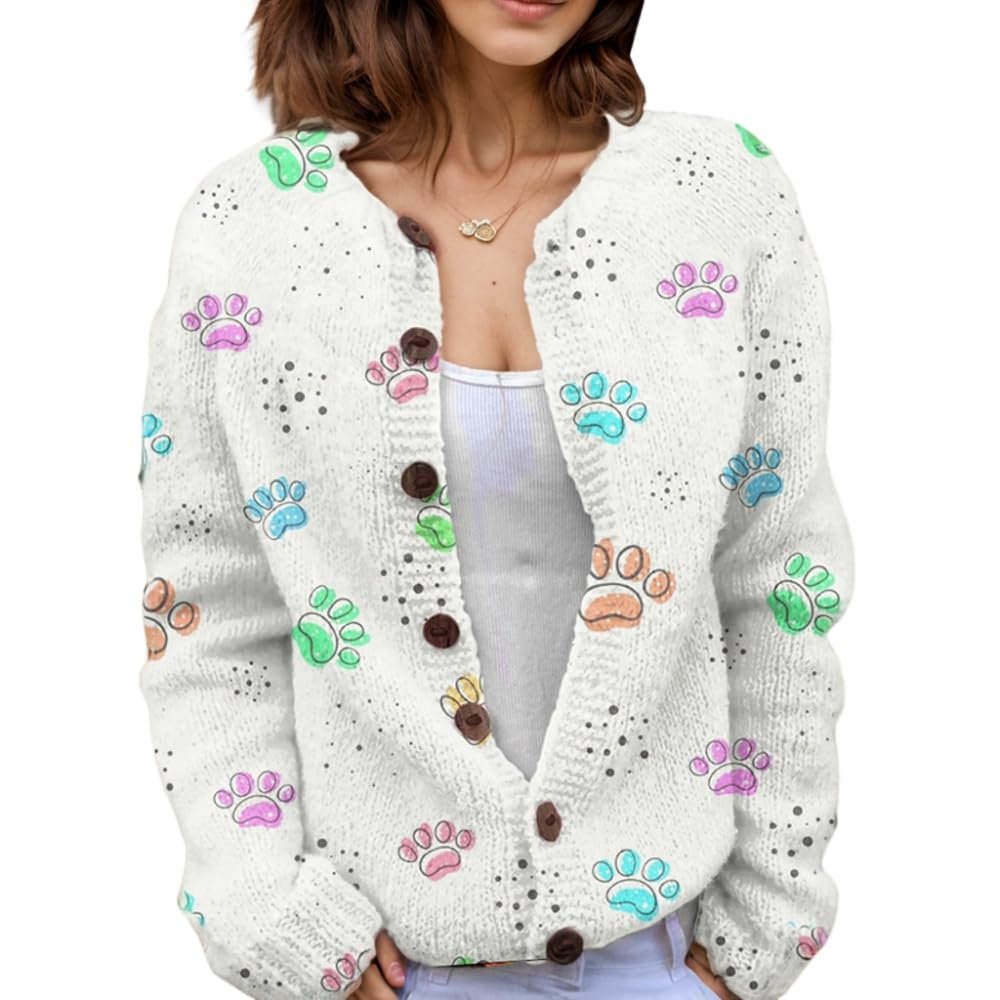 Akivide Women's Fall Cute Floral Print Open Front Knit Cardigan Sweater Winter Casual Loose Button Down Long Sleeve Coat
