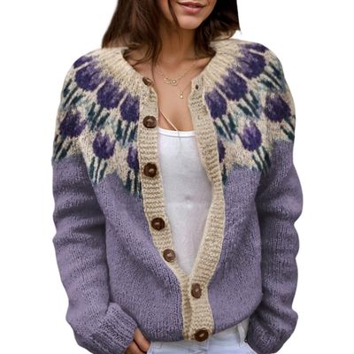 Akivide Women's Fall Cute Floral Print Open Front Knit Cardigan Sweater Winter Casual Loose Button Down Long Sleeve Coat