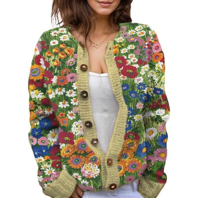 Akivide Women's Fall Cute Floral Print Open Front Knit Cardigan Sweater Winter Casual Loose Button Down Long Sleeve Coat