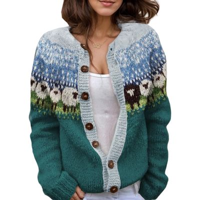 Akivide Women's Fall Cute Floral Print Open Front Knit Cardigan Sweater Winter Casual Loose Button Down Long Sleeve Coat