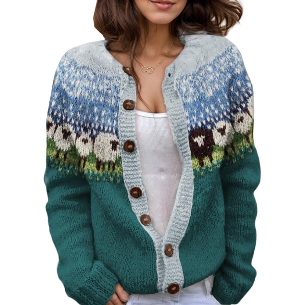 Akivide Women's Fall Cute Floral Print Open Front Knit Cardigan Sweater Winter Casual Loose Button Down Long Sleeve Coat