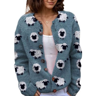 Akivide Women's Fall Cute Floral Print Open Front Knit Cardigan Sweater Winter Casual Loose Button Down Long Sleeve Coat
