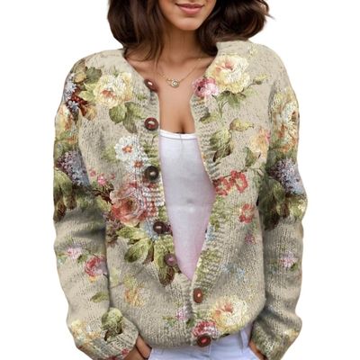 Akivide Women's Fall Cute Floral Print Open Front Knit Cardigan Sweater Winter Casual Loose Button Down Long Sleeve Coat