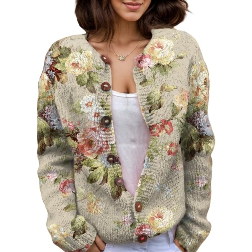 Akivide Women's Fall Cute Floral Print Open Front Knit Cardigan Sweater Winter Casual Loose Button Down Long Sleeve Coat