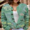 Akivide Women's Fall Cute Floral Print Open Front Knit Cardigan Sweater Winter Casual Loose Button Down Long Sleeve Coat view 2