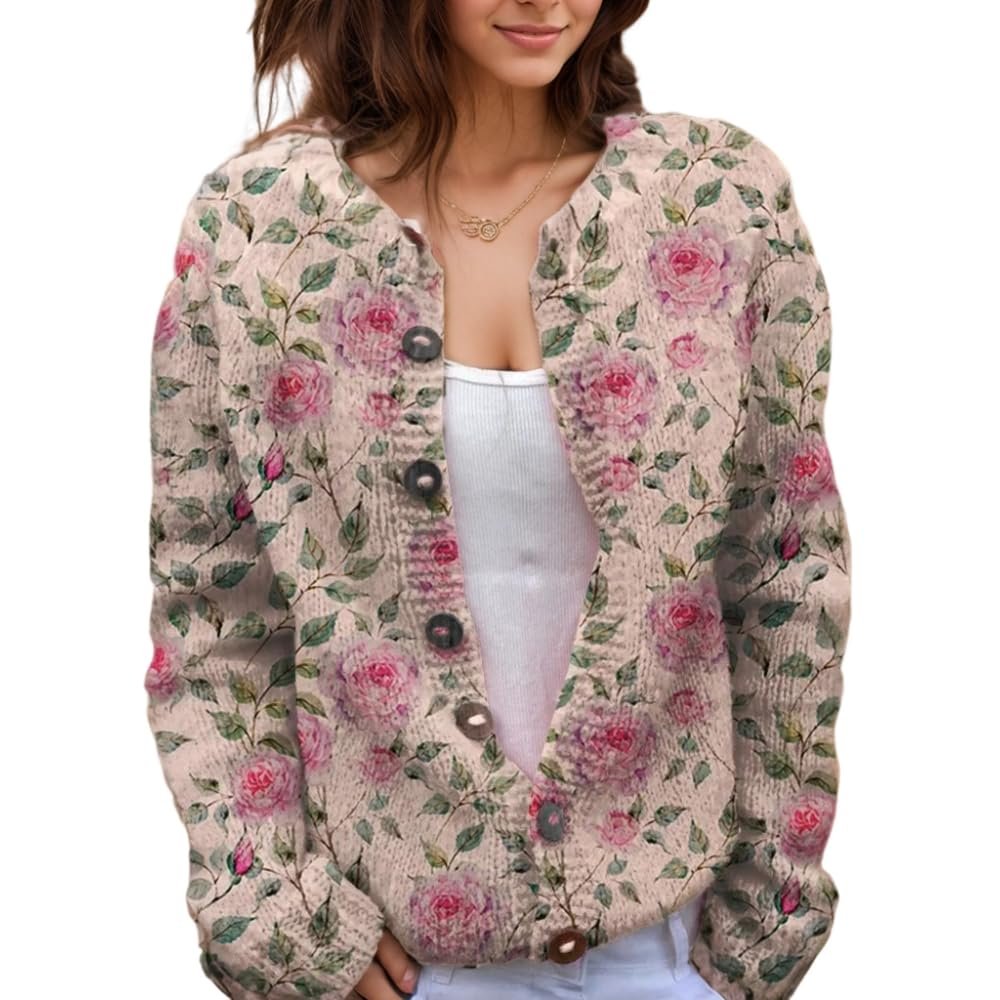Akivide Women's Fall Cute Floral Print Open Front Knit Cardigan Sweater Winter Casual Loose Button Down Long Sleeve Coat