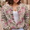 Akivide Women's Fall Cute Floral Print Open Front Knit Cardigan Sweater Winter Casual Loose Button Down Long Sleeve Coat view 2