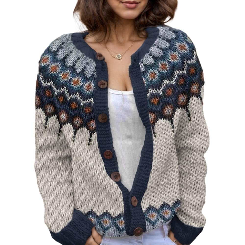 Akivide Women's Fall Cute Floral Print Open Front Knit Cardigan Sweater Winter Casual Loose Button Down Long Sleeve Coat