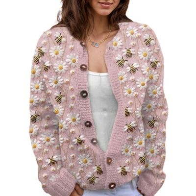 Akivide Women's Fall Cute Floral Print Open Front Knit Cardigan Sweater Winter Casual Loose Button Down Long Sleeve Coat