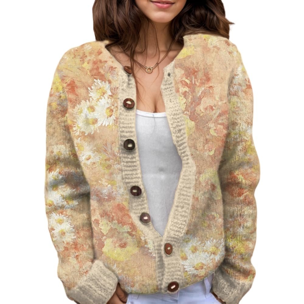 Akivide Women's Fall Cute Floral Print Open Front Knit Cardigan Sweater Winter Casual Loose Button Down Long Sleeve Coat