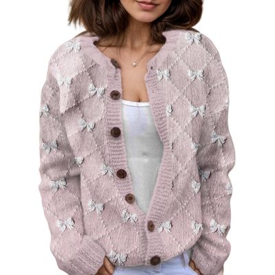 Akivide Women's Fall Cute Floral Print Open Front Knit Cardigan Sweater Winter Casual Loose Button Down Long Sleeve Coat